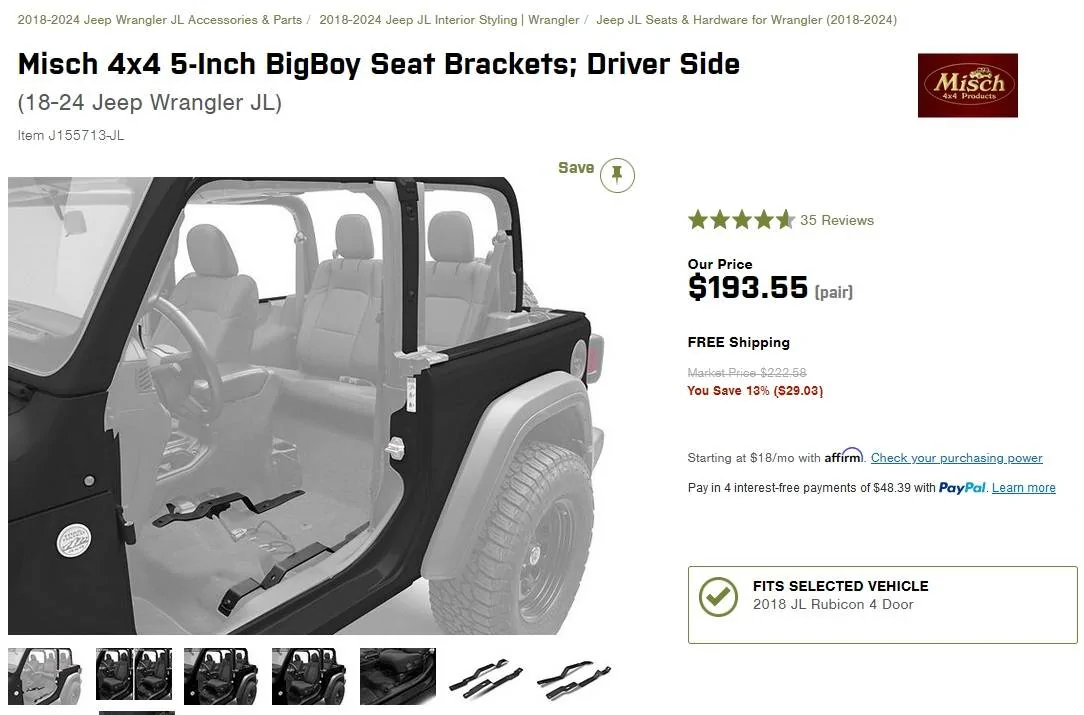 Jeep Wrangler JL Misch 5 Inch Bigboy Drivers Seat Relocation Brackets add