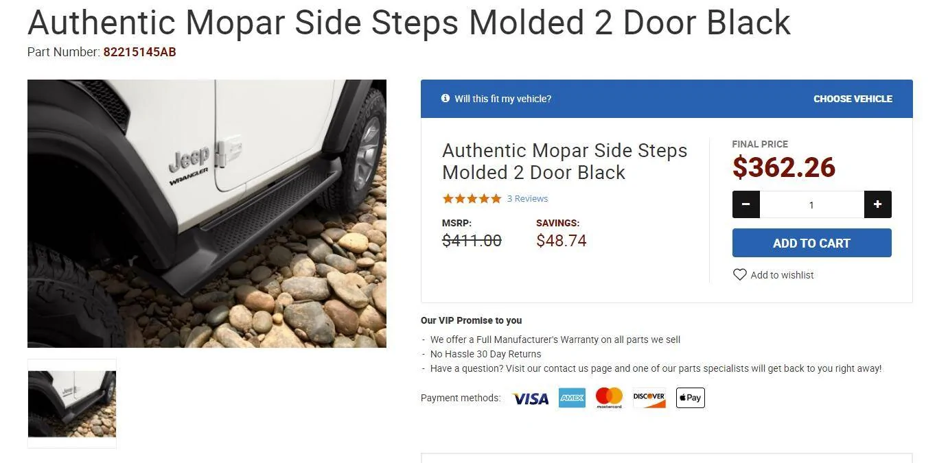 Jeep Wrangler JL WTB: Mopar Side Steps Molded 2 Door Black (CLOSED) St