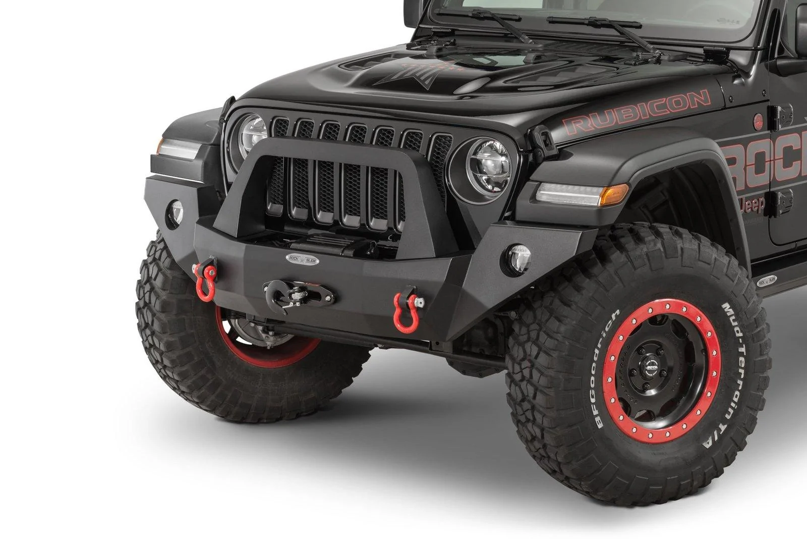 Jeep Wrangler JL The Aftermarket Bumper List (JL / JLU Wrangler) Rock-Slide-Engineering-FB-F-100-JL-Tight-Front-Bumper-Side-Jeep-Bullbar-Winch-D-Ring-Installed
