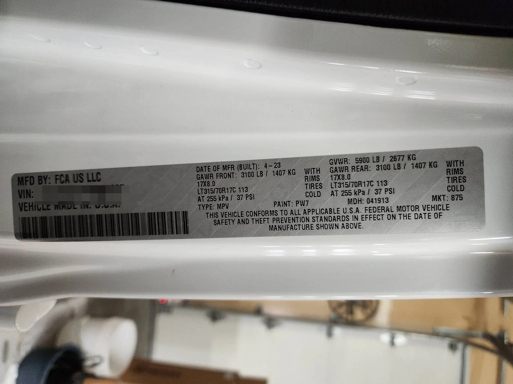 Jeep Wrangler JL Data Plate for a '23 Willys XRecon Wrangler Data Plate 1
