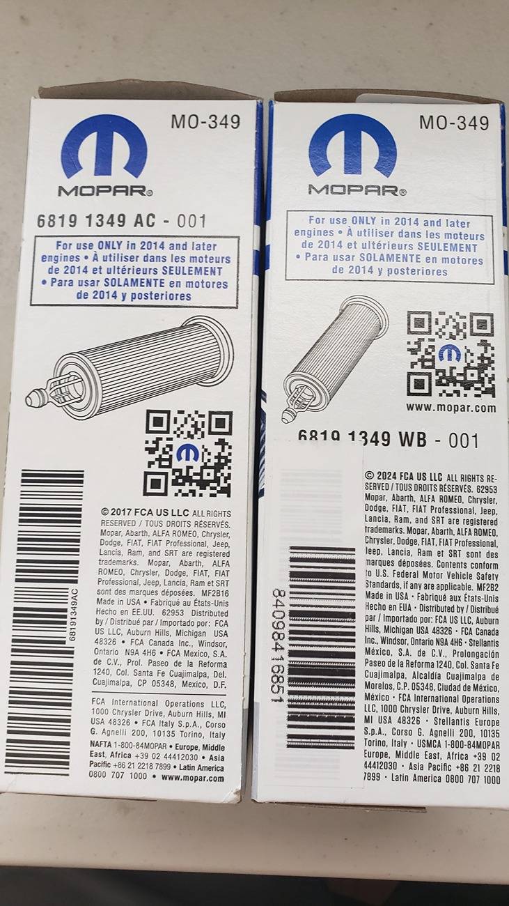 Jeep Wrangler JL Pentastar oil filter part number 20240830_144843