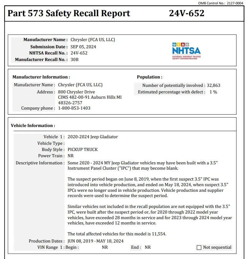 Jeep Wrangler JL New NHTSA Recall 24V652: Instrument Panel Cluster 3.5" Failure (9/5/24) Instrument Panel Recall