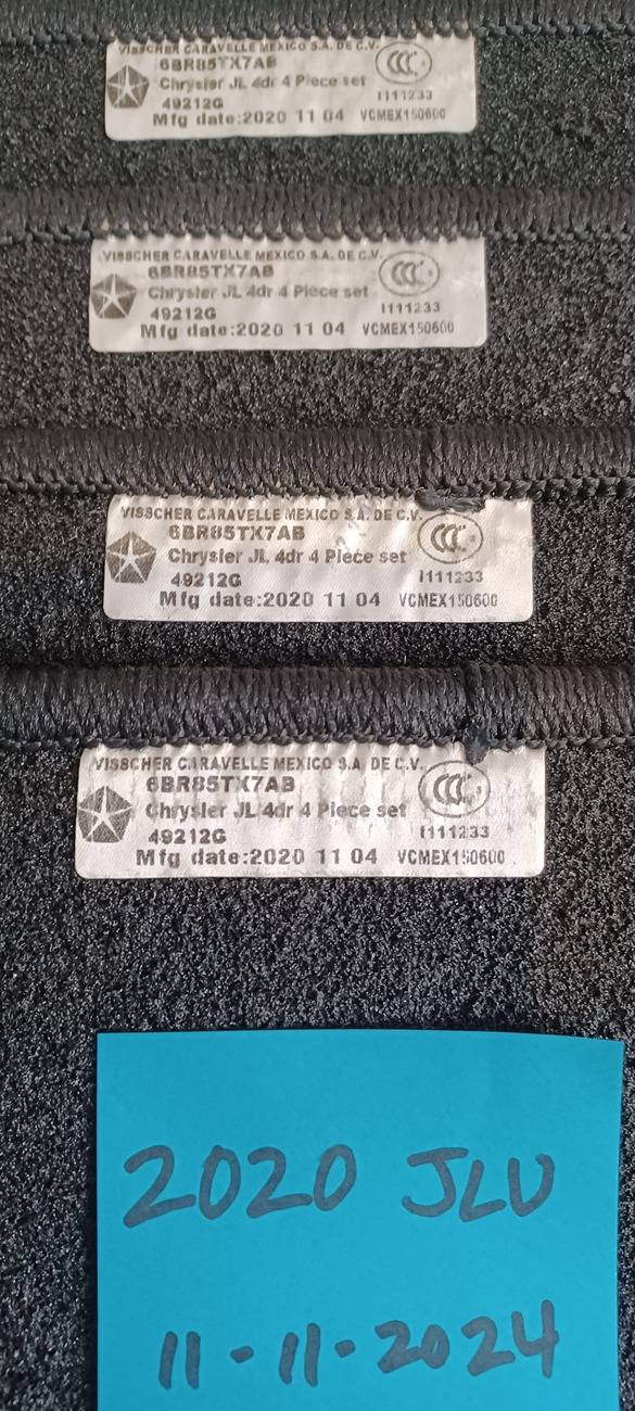 Jeep Wrangler JL NEW carpet floor mat set-- 4 door jeeprugmatpartnumbers