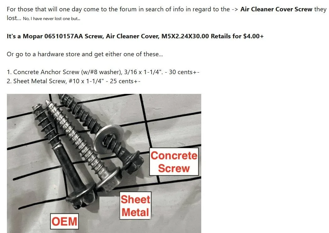 Jeep Wrangler JL Air box screw needed airbox scr