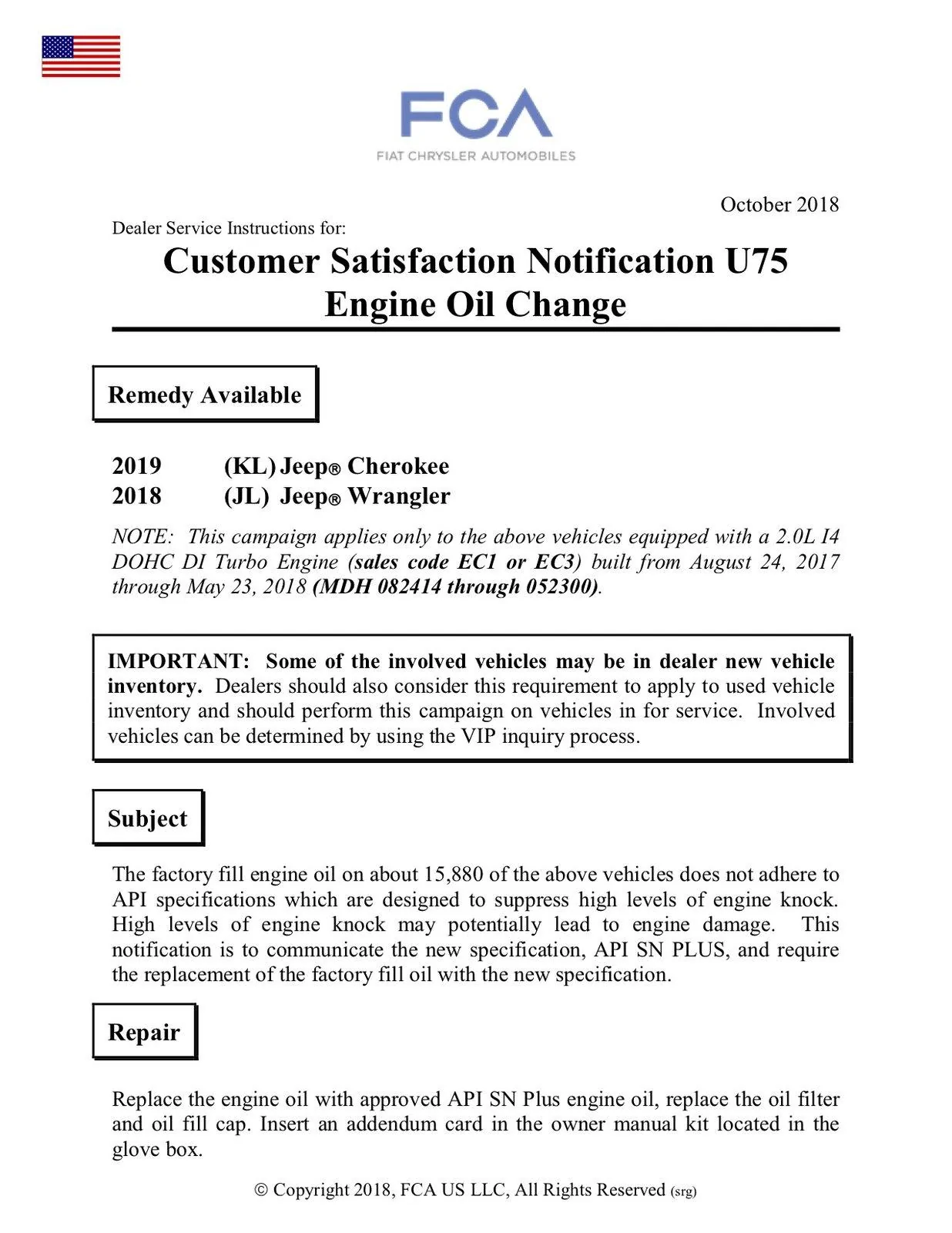Jeep Wrangler JL Customer Satisfaction Notification U75: Engine Oil Change - Engine Knock JL_CSN_U75-1