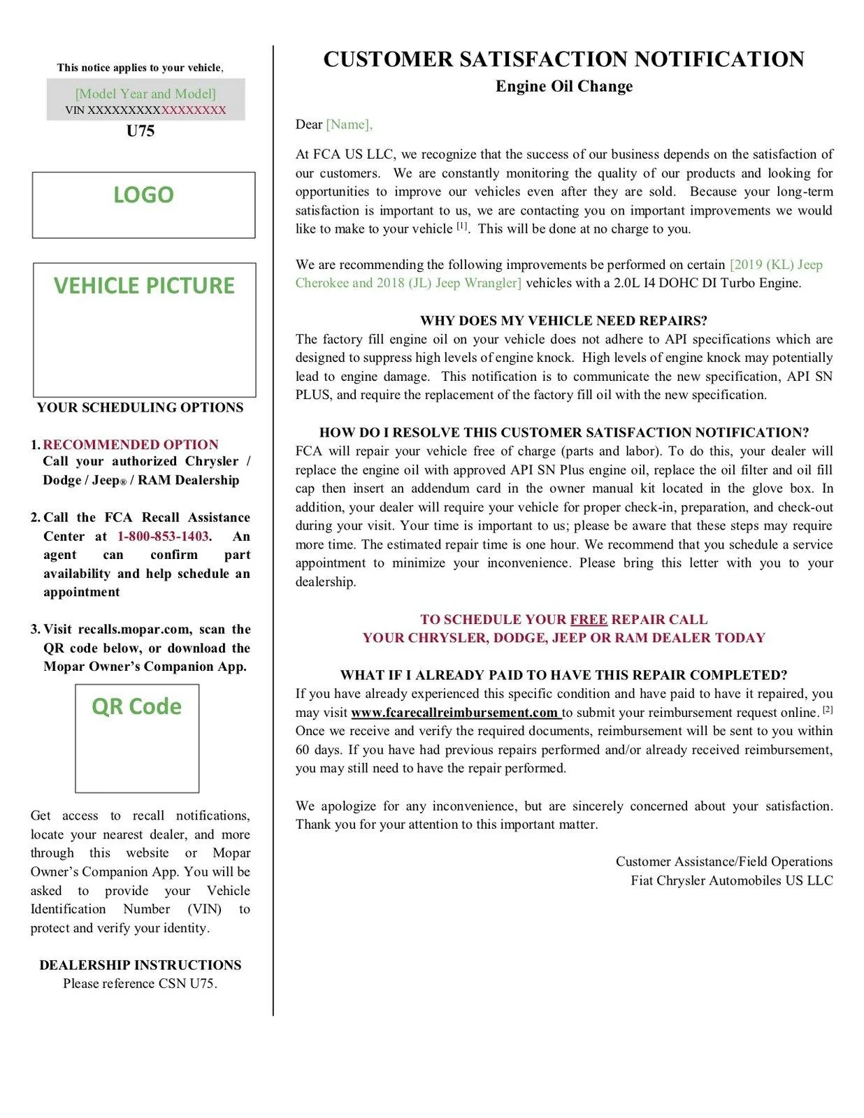 Jeep Wrangler JL Customer Satisfaction Notification U75: Engine Oil Change - Engine Knock JL_CSN_U75-8