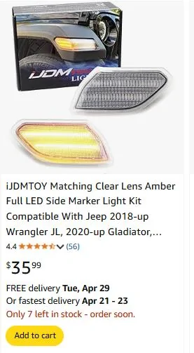Jeep Wrangler JL Clear OEM LED side marker marker