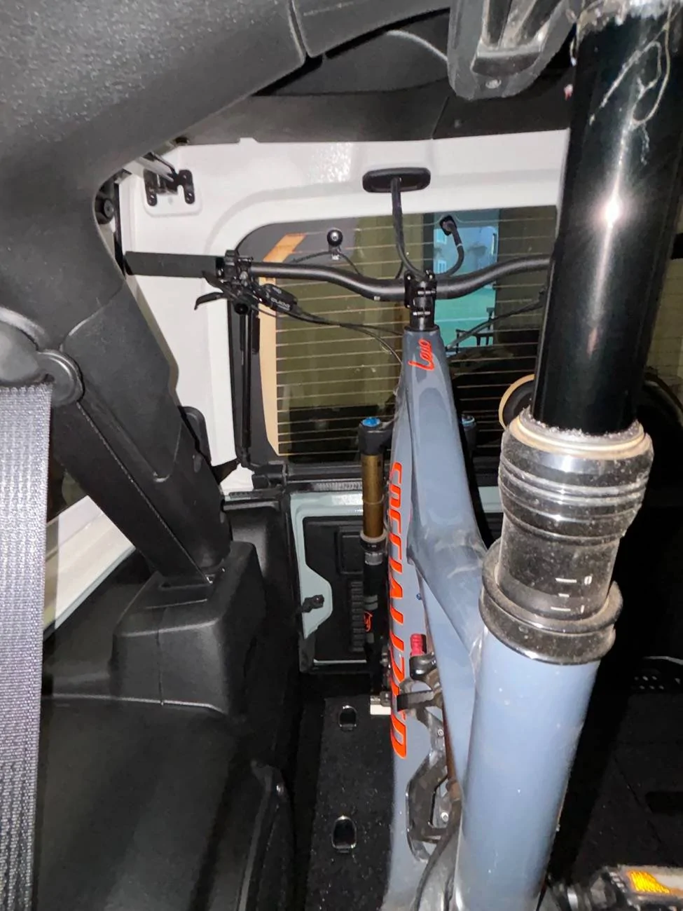 Jeep Wrangler JL JLU rear bike fork mount carrier installed in cargo area IMG_1875