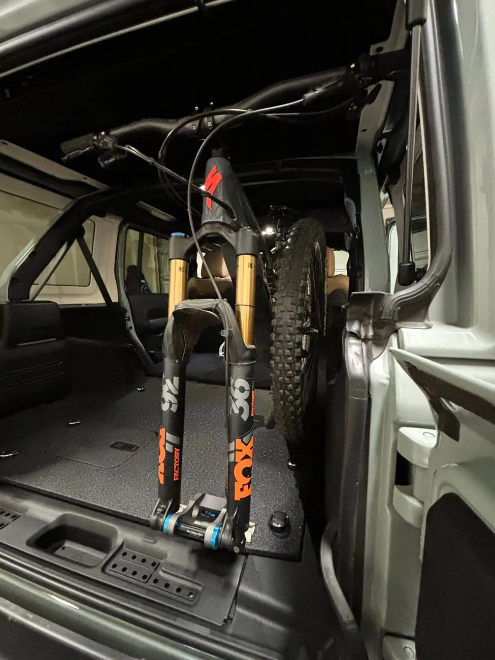 Jeep Wrangler JL JLU rear bike fork mount carrier installed in cargo area IMG_1879