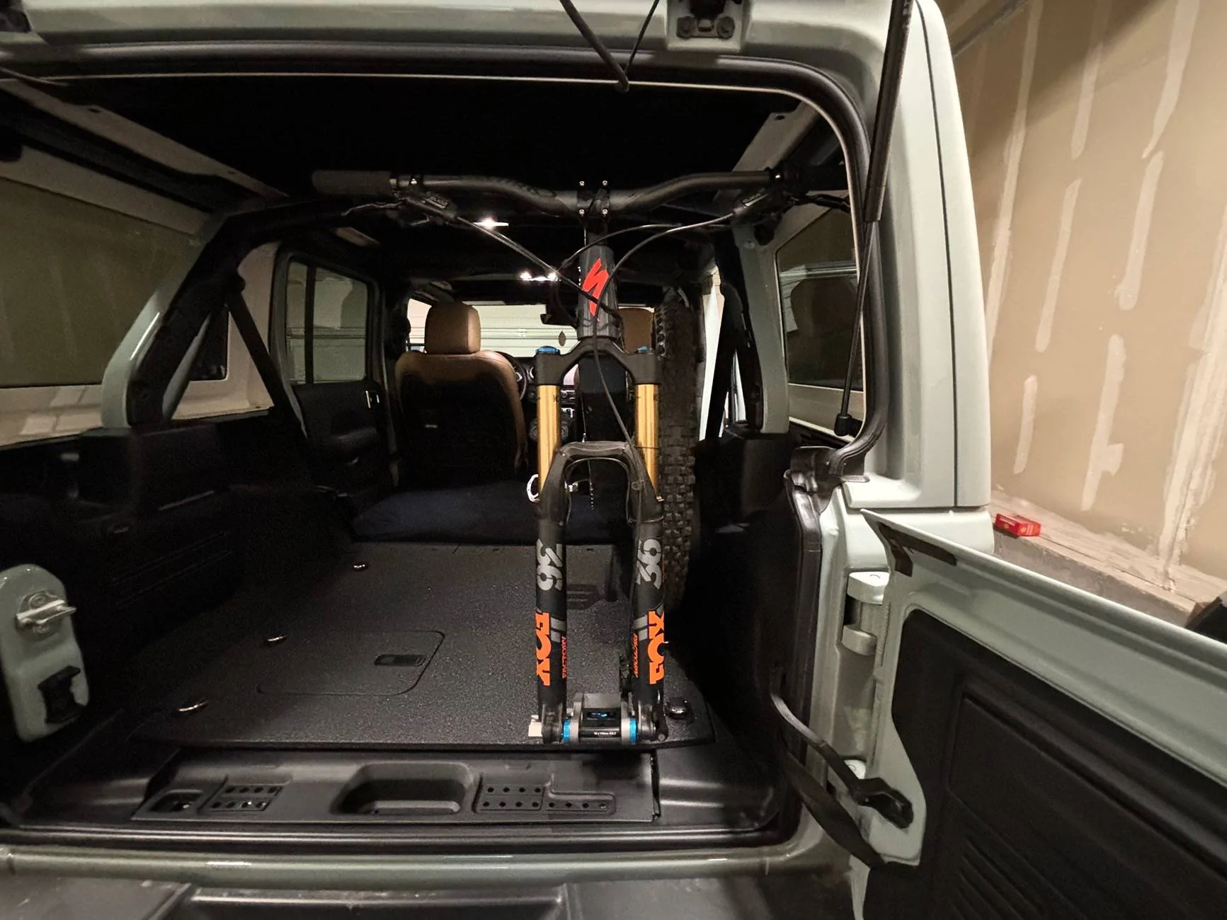 Jeep Wrangler JL JLU rear bike fork mount carrier installed in cargo area IMG_1878