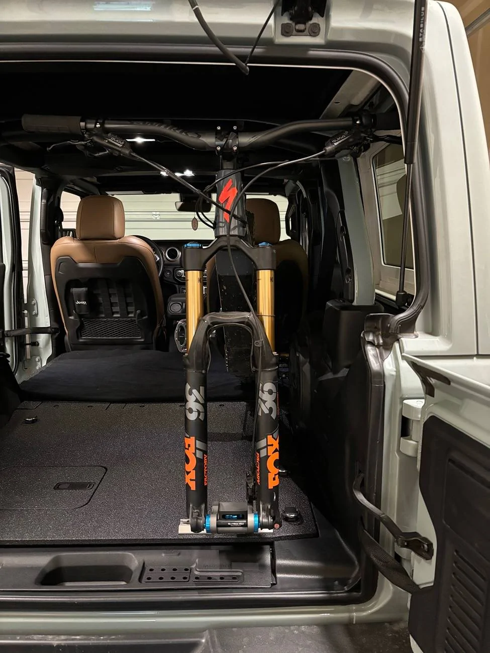 Jeep Wrangler JL JLU rear bike fork mount carrier installed in cargo area IMG_1865
