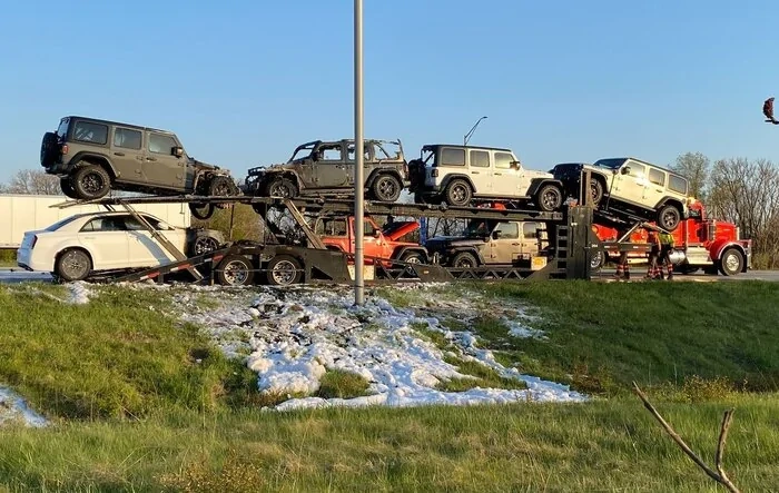 Hope this wasn't your Jeep on fire (on car hauler in Indiana)