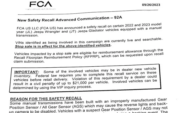 Safety Recall 92A & Stop Sale for 6-Speed Manual 2022/2023 Wranglers