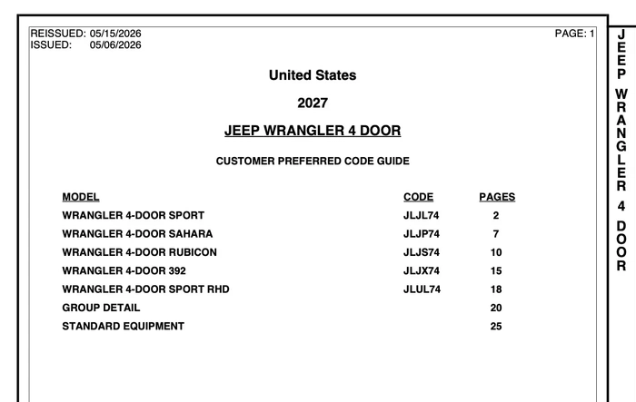 2027 Jeep Wrangler Order Guide & Price List (JL/JLU)